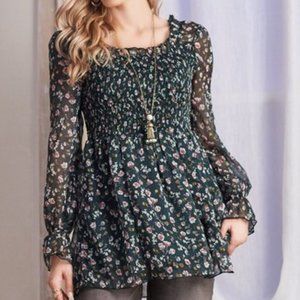 Green Floral Smocked-Bodice Shirt